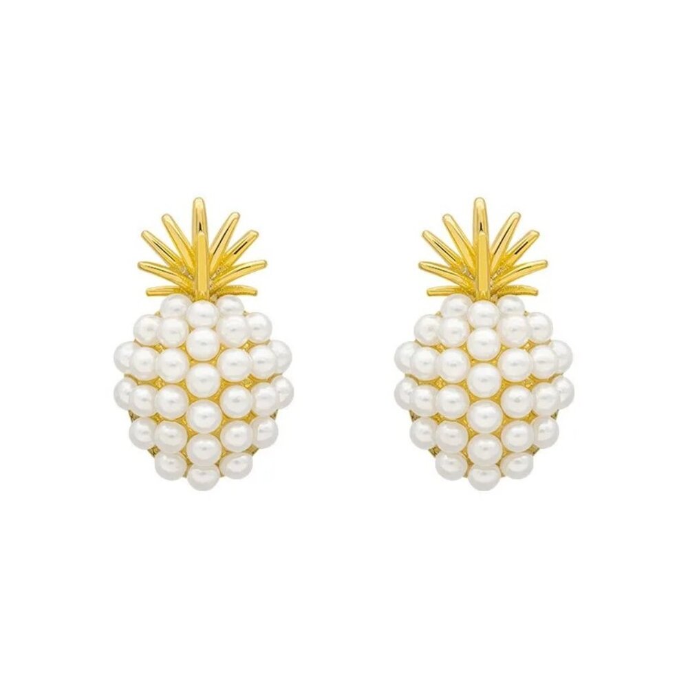 2/$24 NEW Pineapple Earrings Post Gold Tone Pearl Tropical Beach Vacation - Picture 4 of 9